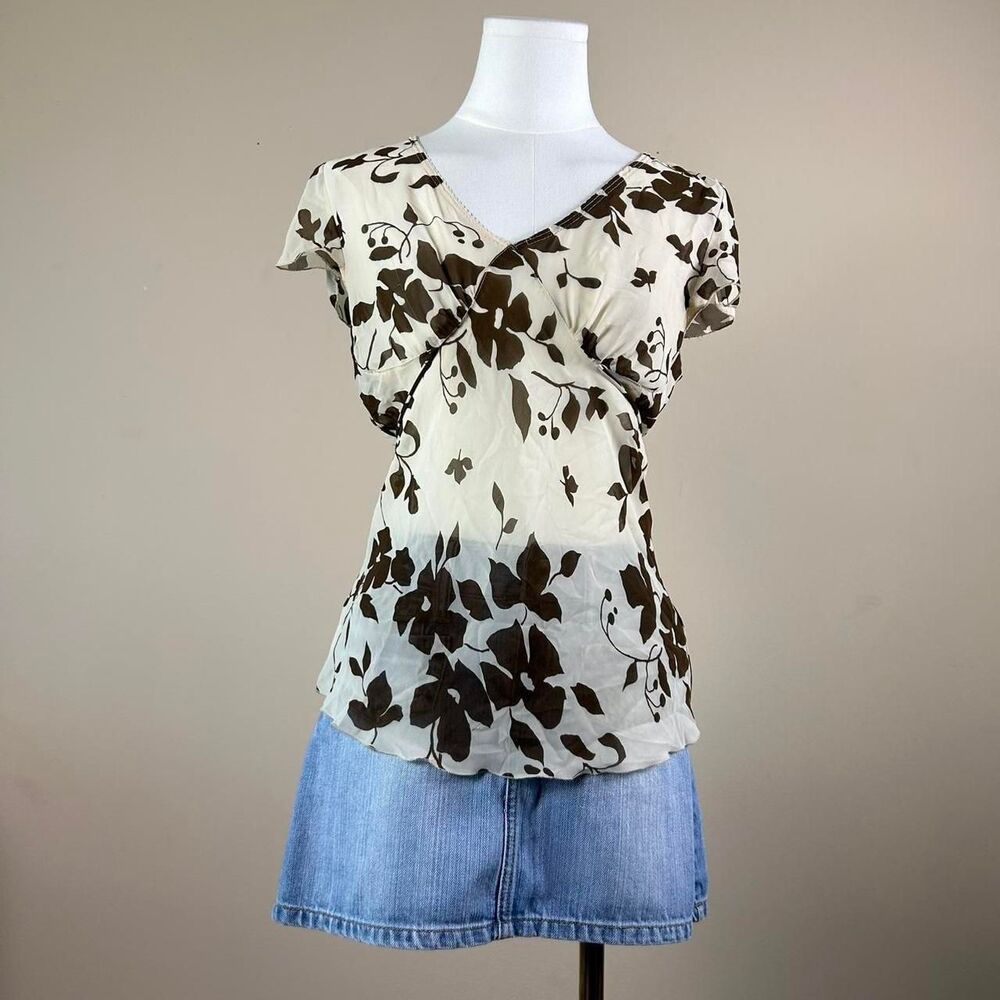 Y2K Forever 21 Sheer Whimsigoth Fairy Grunge Brown and Cream Babydoll Tie Top